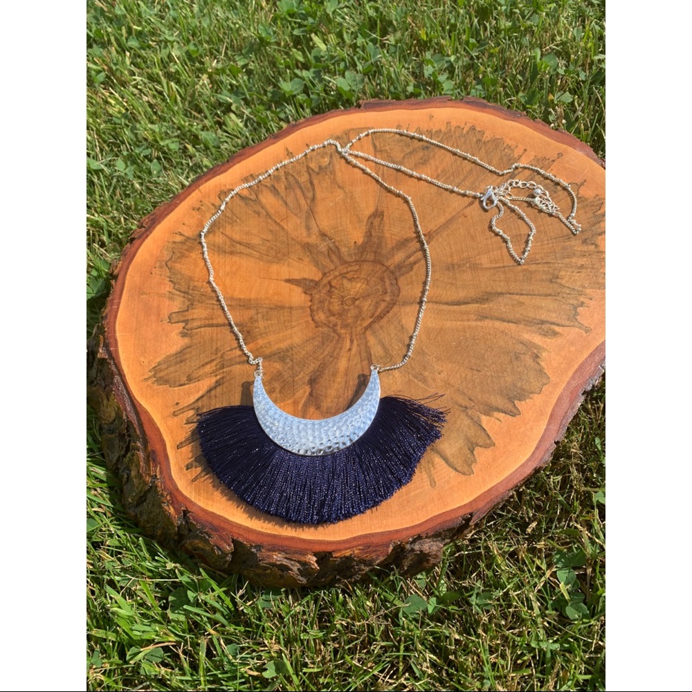 Beautiful Woman’s Necklace with Silver and Blue Fringe Adjustable Piece